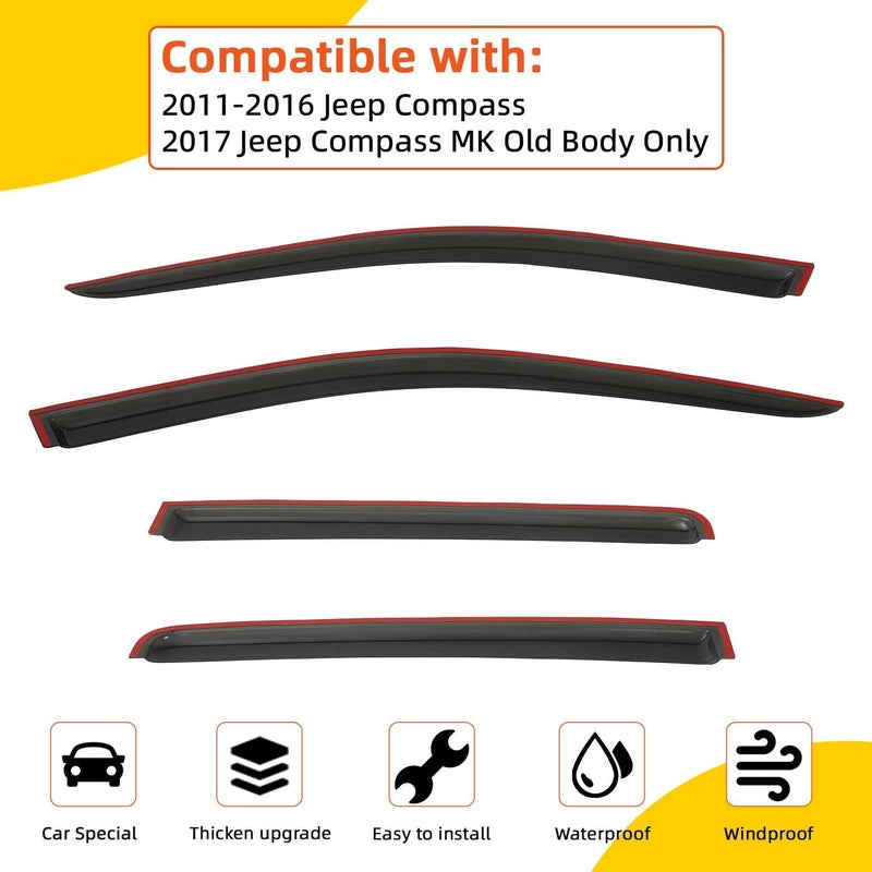 PLDDE Rain Guards Compatible with 2011-2016 Jeep Compass, for 2017 Jeep Compass MK Old Body Tape-On Vent Deflector Window Visors Car Accessories 4pcs - Image 2